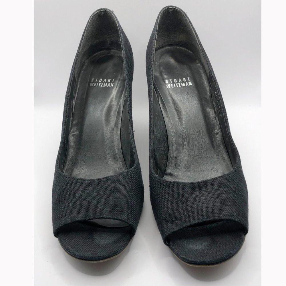Stuart Weitzman black textile tortoise shell wedge heel peep toe pumps Size 8M